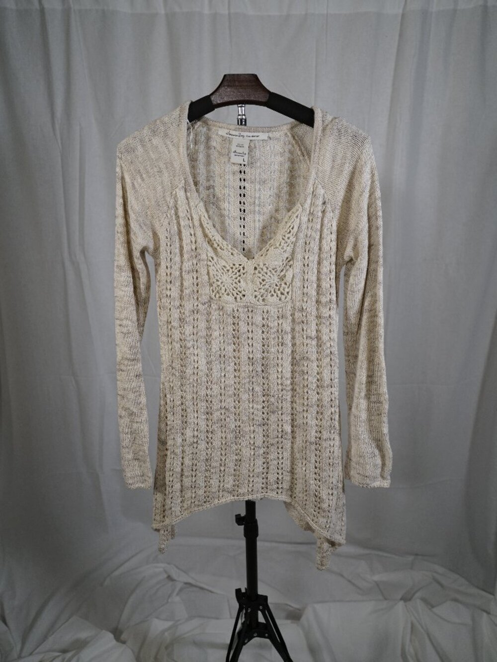 American Rag Cream Open Knit Crochet Tunic Sweater Boho Coastal Cottagecore Size